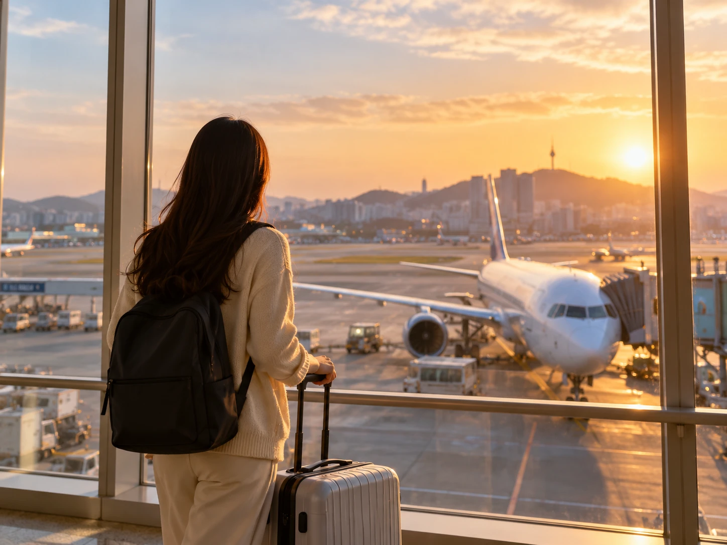 공항 창가에서 비행기를 바라보는 여행객