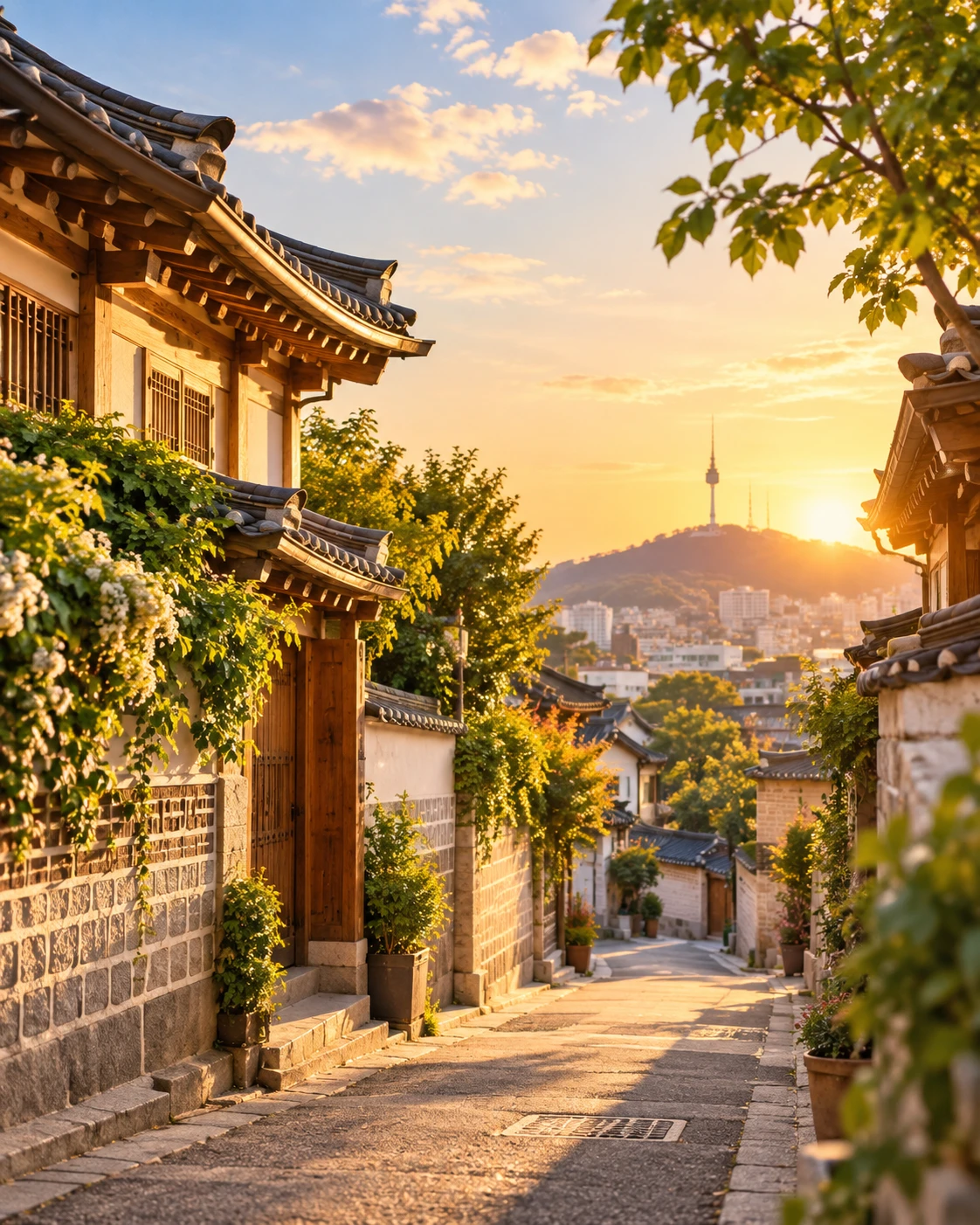 해 질 무렵 남산타워가 보이는 한옥 골목